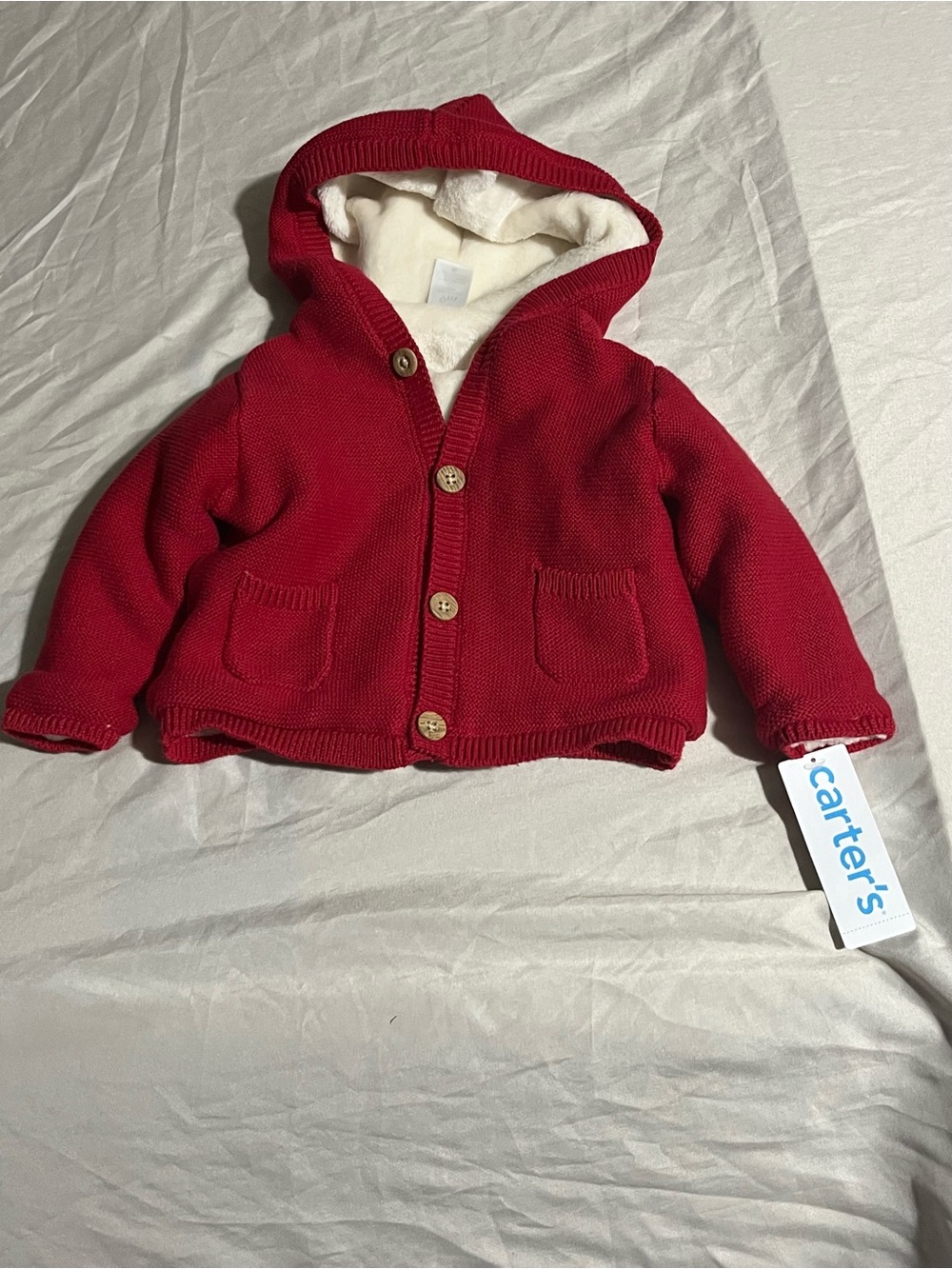 Carter's Red Hooded Knit Cardigan Sweater with Cream Lining Size 9 Months NWT d2